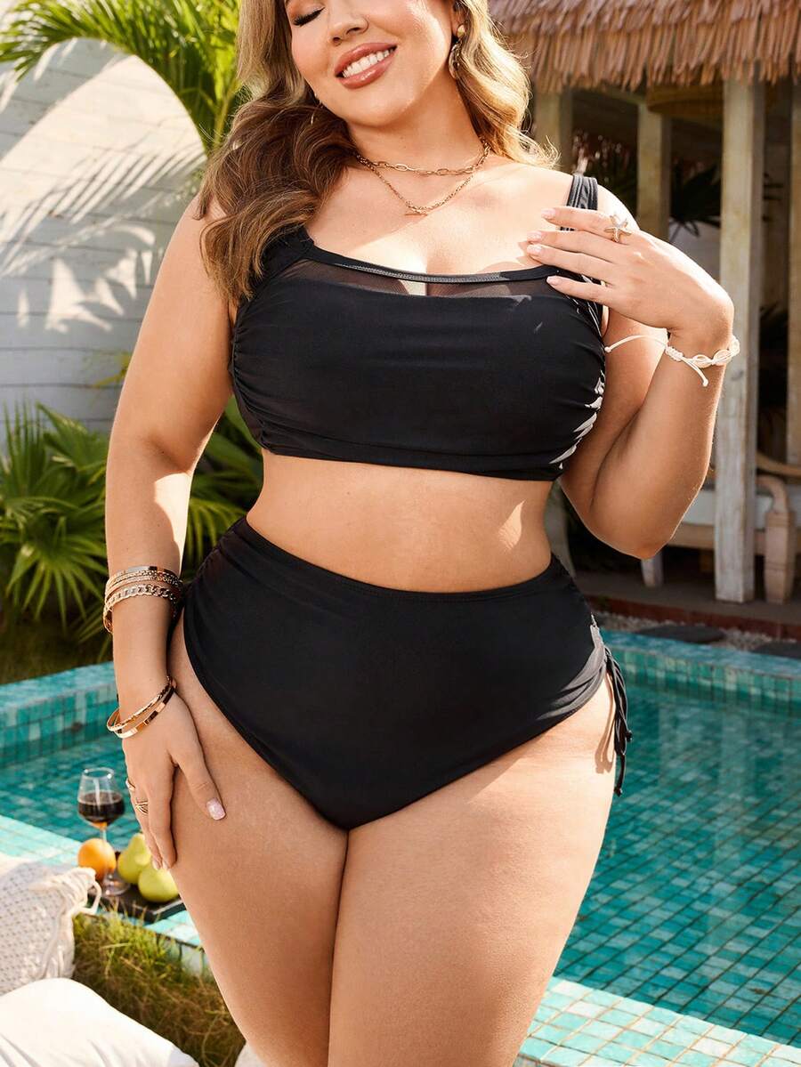 Swim Lushoire 大码女式两件套纯色吊带泳衣，带收腹设计，适合海滩度假 - 黑色 - 查看 1