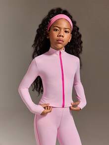 Tween Girl Light Pink Long Sleeve Top And Matching Pants Set,Stretchy Comfortable Fabric Minimalist Solid Color Style,Autumn Casual Workout Daily Wear - Pink - View 5