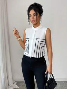 Pariaura Spring/Summer New Arrival Sleeveless Stand-Collar Shirt For Women, Featuring Single-Row Buttons And Geometric Line Details. - White - View 8