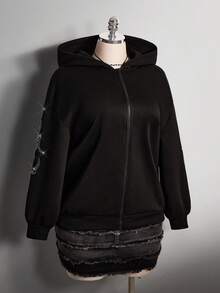 SHEIN ICON 大码女式休闲连帽衫，饰有水钻，前拉链 - 黑色 - 查看 5
