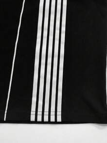 ROMWE MEN Men's Letter & Striped Round Neck Short Sleeve T-Shirt And Drawstring Waist Casual Pants Set - Black - View 8