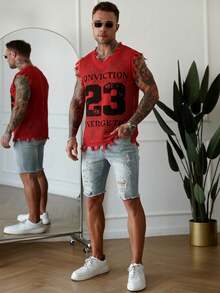 Manfinity LEGND Men's #23 Print Distressed Knit Tank Top Men Crochet Top Men Mesh Top Men Graphic Tank Top Men Red V-Neck Tank Top Men Distressed Tank Top Men Sleeveless Graphic Shirt - Burgundy - View 7