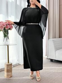Modelyn Women's Round Neck Rhinestone Decor Mesh Splice Elegant Waist Cinched Long Party Dress - Black - View 7