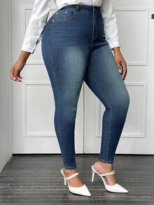 SHEIN SXY Plus Size Women Casual High Waist Skinny Jeans, Versatile & Minimalist - Dark Wash - View 6