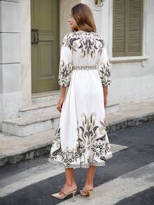 Louniche 女士休闲优雅中东风情印花V领七分袖修身A字连衣裙，春夏款 - 彩色 - 查看 2