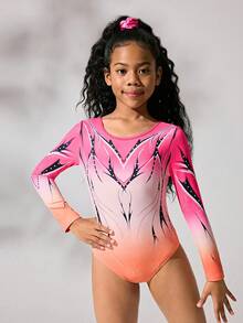SHEIN Tween Girls 1pc Gymnastics Leotard, Cute Long Sleeve Jumpsuit, Dance Activewear, Black Stretchy Gymnastics Outfit - Orange - View 5