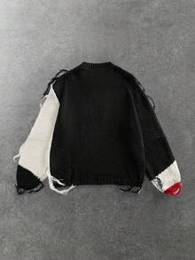 ROMWE MEN Spring Casual Graphic Men'S Fashion Casual Black, White & Red Contrast Fringe Sweater - Multicolor - View 2