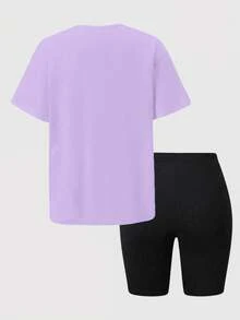 SHEIN ChillGRL Set de 2 piezas con camiseta de manga corta cómoda y estampada y shorts ajustados estampados, estilo de moda callejera para adolescentes, adecuado para salidas casuales - Multicolor - Ver 3
