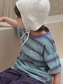 DAZY Young Boy Letter & Stripe Print Round Neck Casual Loose Short Sleeve T-Shirt Spring - Purple - View 6