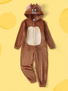 TOM & JERRY X SHEIN Tween Boy Brown Cartoon Jerry Mouse Embroidery 3D Ear Hooded Jumpsuit, Suitable For Autumn/Winter, Halloween, Party