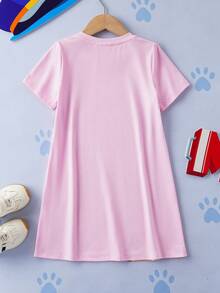 SHEIN | PAW Patrol 少女休闲可爱卡通狗字母图案短袖宽松T恤裙 - 粉色 - 查看 2