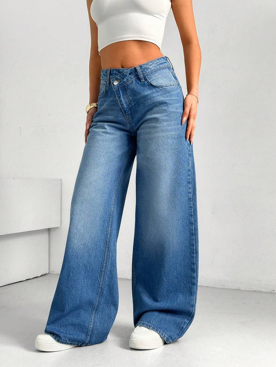 SHEIN Cottnline Quần jeans ống rộng cạp lệch dáng casual, giặt mài - Rửa nhẹ - Xem 1