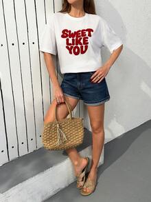 Cloudara White Short Sleeve T-Shirt With "SWEET LIKE YOU" Red Embroidery %100 Cotton - White - View 5