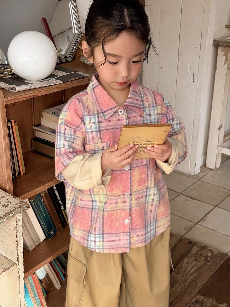 DAZY Young Girls Turndown Collar Plaid Long Sleeve Pocket 2 In 1 Long Sleeve Shirt - Pink - View 1