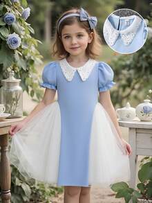 Young Girl' Cute Lace Collar Puff Sleeve Patchwork Tulle Textured Fabric Casual Elegant Dress - Blue - View 3