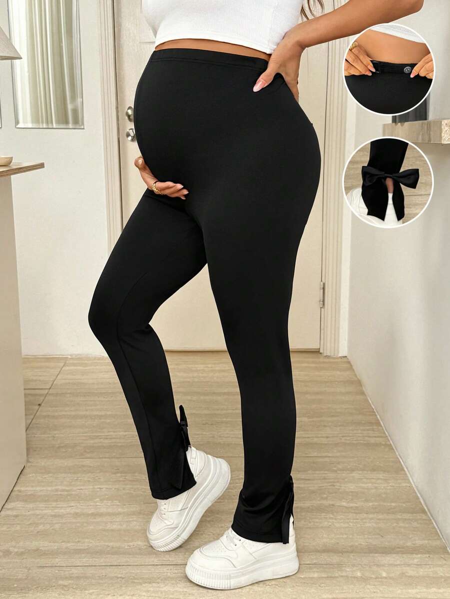 SHEIN 孕婦夏季黑色高腰蝴蝶結長褲,舒適休閒 - 黑色 - 查看 1
