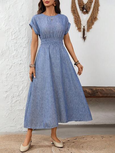 EMERY ROSE 女士牛仔印花圆领蝙蝠袖短袖休闲长裙