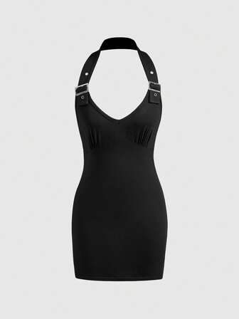 Grunge Punk Abito mini aderente da donna, nero, con scollo a V profondo, senza schienale, collo alto regolabile con fibbia