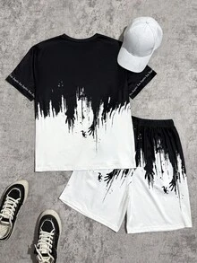 Coolqubz 2pcs/Set Teens Boys Black & White Ombre Splatter Letter Print T-Shirt Set,Summer Street Life Casual Graphic Street Fashion Drippy Outfits For Youth - Black and White - View 2