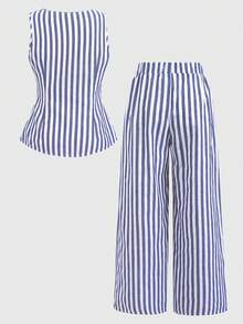 SHEIN Tween Girl Striped Single-Breasted Vest And Pants Casual Outfit - Blue and White - View 5