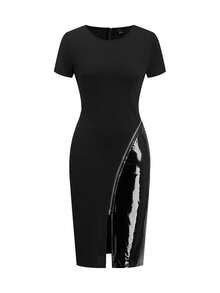 Ellevyn Đầm dệt kim ôm sát tay ngắn cổ tròn màu đen dành cho nữ, khóa kéo kim loại ở eo, phối da PU co giãn, thanh lịch cho mặc hàng ngày, đi làm, đầu xuân. - màu đen - Xem 12