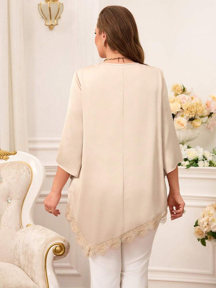 Plus Size Elegant Solid Color Lace Patchwork Asymmetric Hem Blouse, Valentine Elegant Blouses,Vacation/Summer/Spring