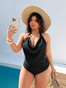 Swim Chiccia Plus Size Women Solid Color Spaghetti Strap Camisole And Drawstring Pants Elegant Daily Swimwear Set - Black - View 6