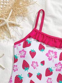 SHEIN Áo tắm liền thân dành cho bé gái tuổi teen, họa tiết dâu tây và hoa, viền tương phản, thích hợp cho kỳ nghỉ hè ở bãi biển. - Màu Hồng Tươi - Xem 3