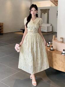 DAZY Women Floral Embroidery Front Tie Puff Sleeve Blouse And Mini Skirt 2 Pieces Set - Apricot - View 8