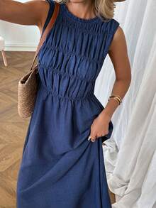 SHEIN LUNE Vestido azul casual de mujer con cuello redondo, plisado y sin mangas - Azul - Ver 3