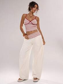 Avantive Women's Spaghetti Strap Striped Casual Fitted Crop Top 2 Pieces Set, Summer - White - View 7