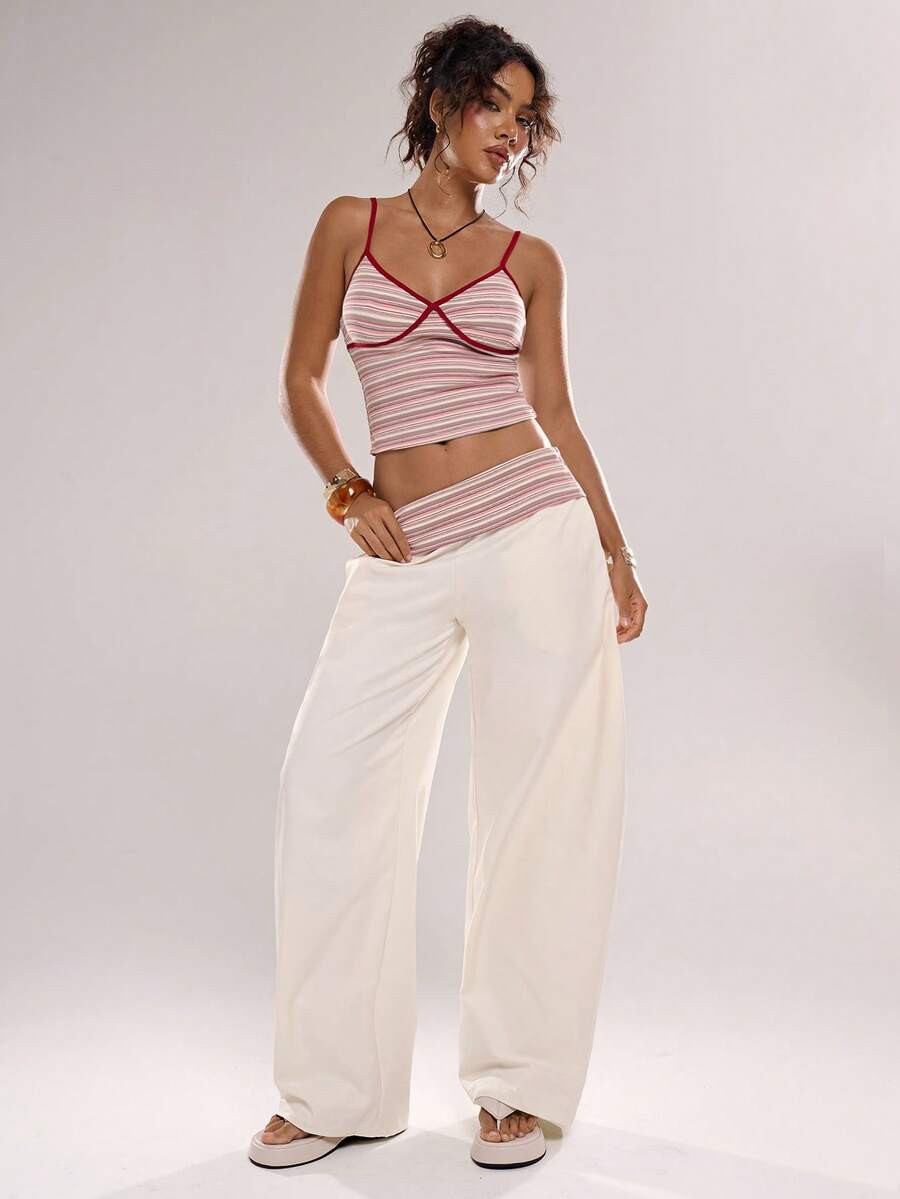 Avantive 女士吊带条纹休闲修身露脐上衣两件套，夏季 - 白色 - 查看 1