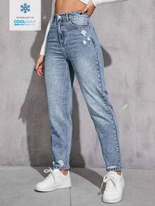 SHEIN ICON 1. 女士加大码做旧直筒水洗蓝牛仔裤 - 霧霾藍 - 查看 1