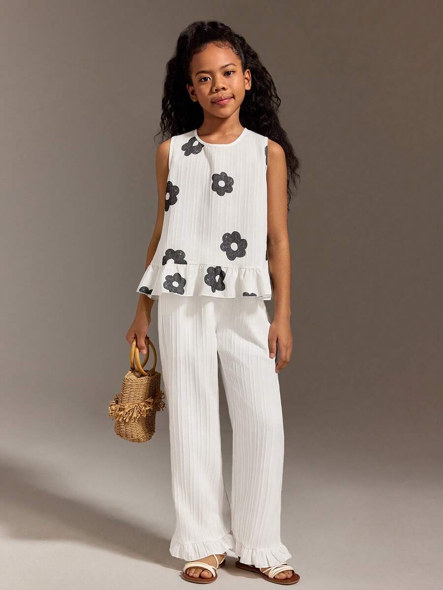 SHEIN Tween Girl Floral Print Ruffle Hem Top And Wide Leg Pants Casual Outfit - White - View 1