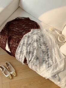 Comfortcana Women's Fashion Casual Knit Lace Mesh 2 Pieces Set Lace Long Sleeve Lace Tops Lace Blouse Lace Shirts Lace Undershirt Lace Jersey Lace Undershirt Long Sleeve - Brown - View 3