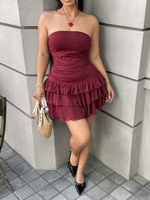 GalTyme 大码女式纯色修身荷叶边下摆无袖连衣裙，春夏款 - 紅色 - 查看 4