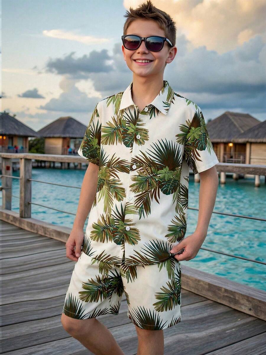 SHEIN Bộ 2 món áo sơ mi và quần short in hoa phong cách học sinh dành cho bé trai tuổi teen, thích hợp đi làm, đi học, mặc thường ngày, chơi thể thao, mùa xuân/hè. - Nhiều màu - Xem 1