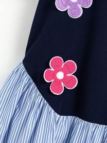 SHEIN Tween Girls' Back-To-School Summer Casual School Navy Blue Floral Patchwork Striped Print 2 In 1 Dress,Fashion Vacation Flower Spring Kids Clothes - Multicolor - View 4