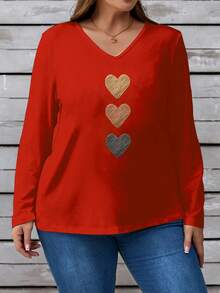EMERY ROSE Camiseta de manga larga con cuello en V y estampado de corazón, talla grande, color rojo - Rojo - Ver 4