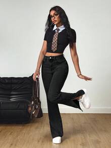 SHEIN Tall Women's Casual Versatile Commuting Washed Denim Jeans With Pockets And Button Design - Black - View 6