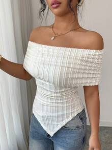 Rafferiza Women's Off-Shoulder Ruffle Asymmetric Hem Fitted T-Shirt, Spring/Summer - Apricot - View 5