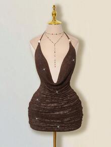 SHEIN ICON Vestido mini con escote pronunciado, espalda descubierta y cordones, inspirado en el crochet - Marrón - Ver 3