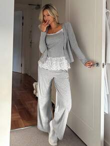 DAZY 3pcs Contrast Color Lace Patchwork Solid Knit Fabric Women Pajama Set - Grey - View 5