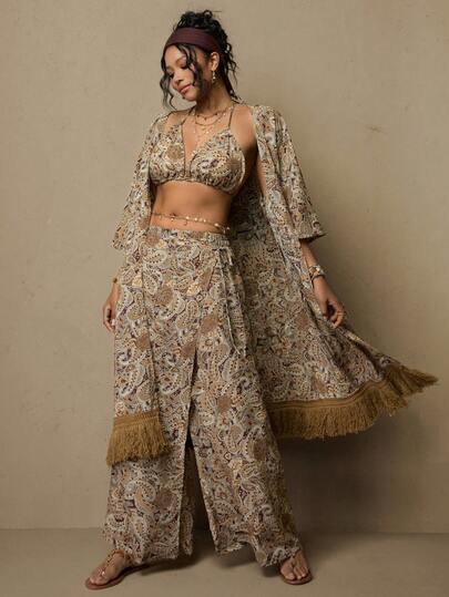 Freevana Plus Size Women Vacation Cashew Floral Print 3/4 Sleeve Maxi Dress, Halter Crop Top And Wide Leg Pants Set Bohemian Clothes For Women Boho Two Piece Set Festival Two Piece Outfit