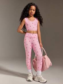Tween Girls Cute Pink Activewear Set,Summer Colorful Pattern Vivid Top With Cutout Back Design & Pants Set,Suitable For Gym Gymnastics Training Wear - Pink - View 5
