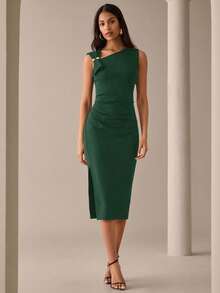 Lilora Đầm midi dệt kim không tay màu xanh đậm thanh lịch cho nữ, cổ bất đối xứng, ôm sát, trơn, chi tiết khóa kéo, đầm một vai, đầm xanh thanh lịch, đầm nữ thanh lịch, tiệc cocktail, ngày lễ, khách mời đám cưới, xanh đậm, mùa hè - Màu xanh lá cây đậm - Xem 5