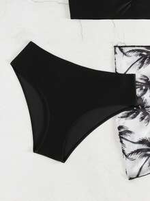 SHEIN 少女三件套比基尼：可爱纯色针织露背荷叶边上衣、褶皱泳裤和印花罩裙。时尚、优雅、休闲风格，适合夏季游泳、海滩度假等场合。 - 黑色 - 查看 6