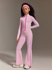 Tween Girl Light Pink Long Sleeve Top And Matching Pants Set,Stretchy Comfortable Fabric Minimalist Solid Color Style,Autumn Casual Workout Daily Wear - Pink - View 4