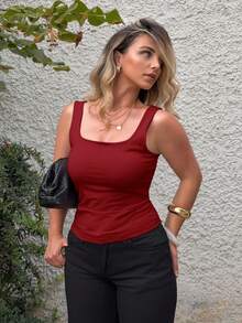 Jeta Ari Women's Plain Square Neck Pleated Slim Fit Casual Top - Red - View 5