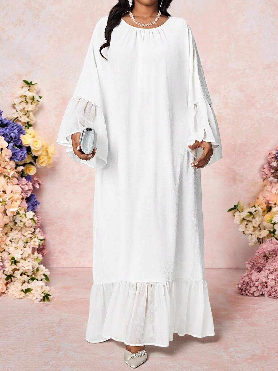 Fleurora Đầm dài dáng rộng, màu trơn, cổ tròn, tay loe, kiểu dáng thường ngày, cỡ lớn. - Màu xanh lam - Xem 1